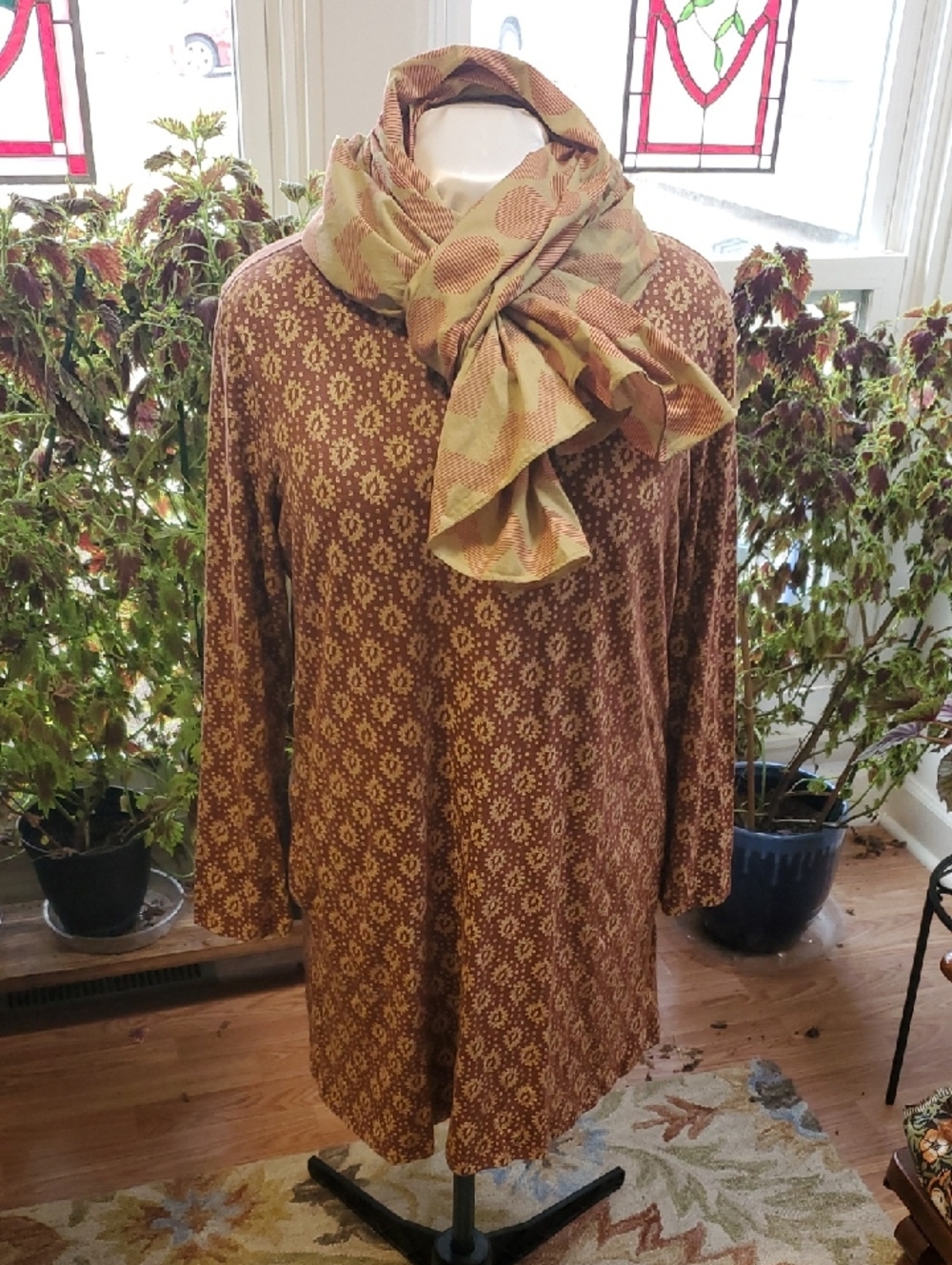 CURATED BY RUA'H KIBRIYA: Brown/Soft Yellow A-Line Tunic/Dress W/Pockets
